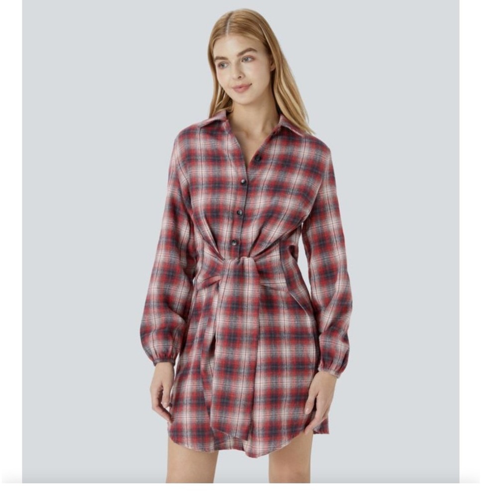 Halara‎ Women's Plaid Shirt Dress Long Sleeve Tie Back Red Grey Large NEW